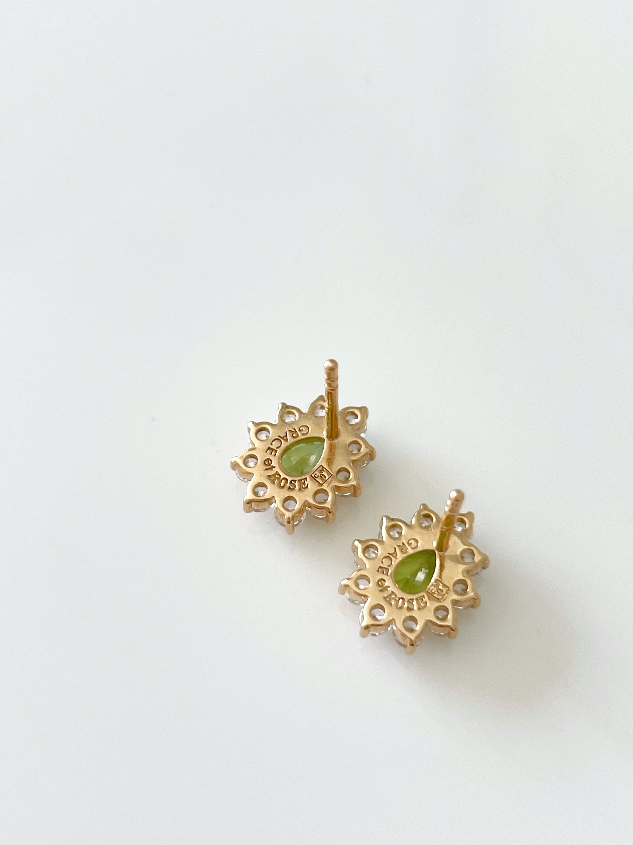 Boucles D'oreilles Puces Plaque Or Jaune & Péridot Vert - Occasion En Excellent état